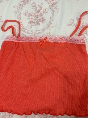 Coral Red Ribbed Lace-Trim Sleep Cami